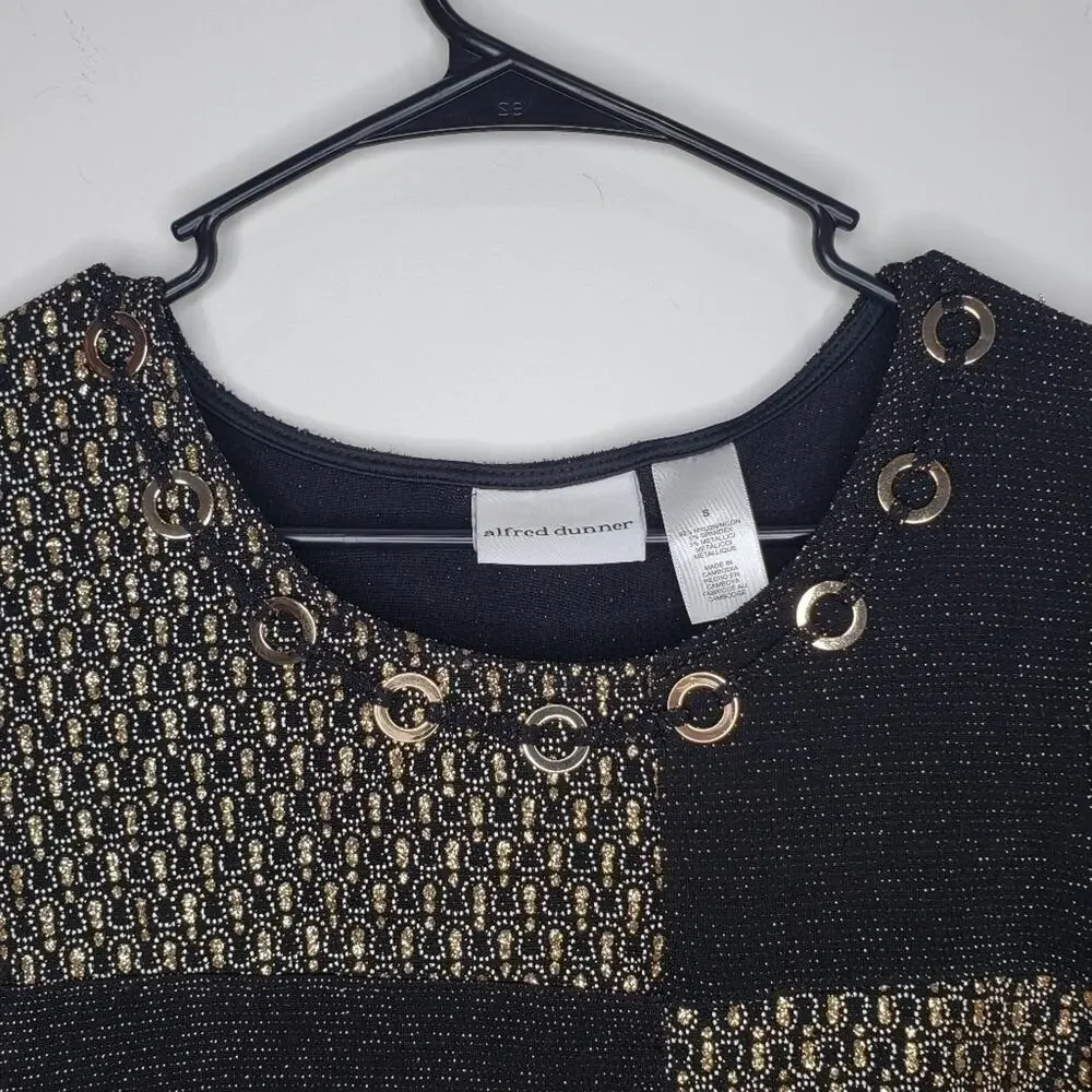 Alfred Dunner 3/4 Sleeve Black and Gold Shirt with Gold toned Metal Hardware